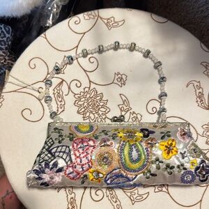 Embroidered Floral Clutch with Beaded Handle